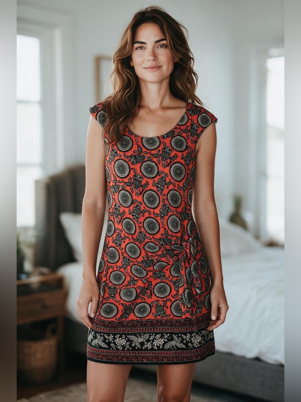 Max Studio Red Printed Cap-Sleeve Tunic Dress